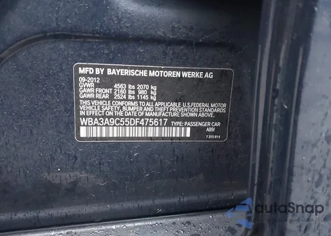 2013 BMW 335I из США, поврежденный, VIN WBA3A9C55DF475617